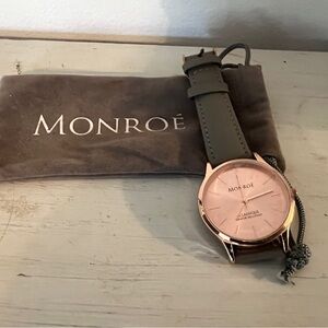 Monroe, rose gold face, leather band watch